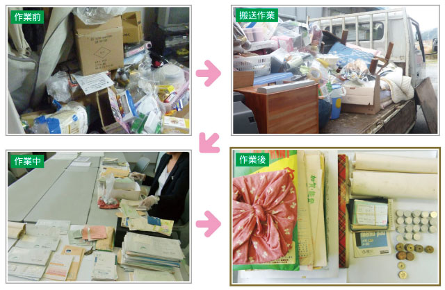 遺品の整理　作業前・搬送作業・作業中・作業後